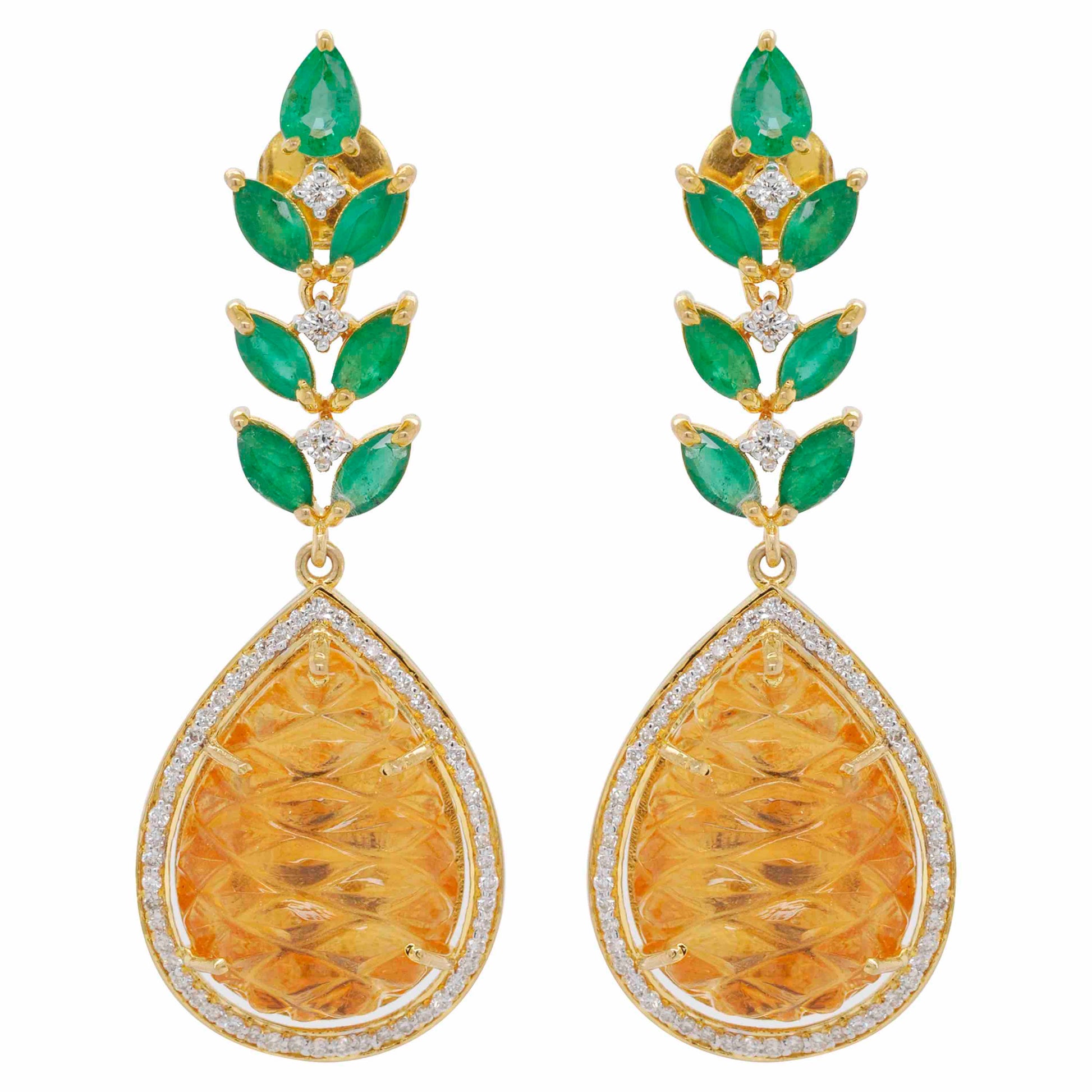 Pineapple Carved Citrine Emerald Earrings