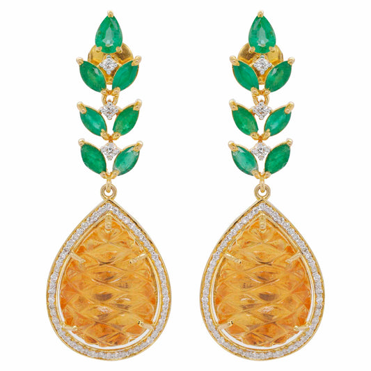 Pineapple Carved Citrine Emerald Earrings