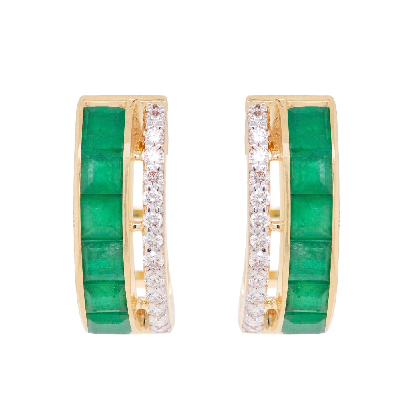 18K Gold Emerald Channel-set Diamond Hoop Earrings