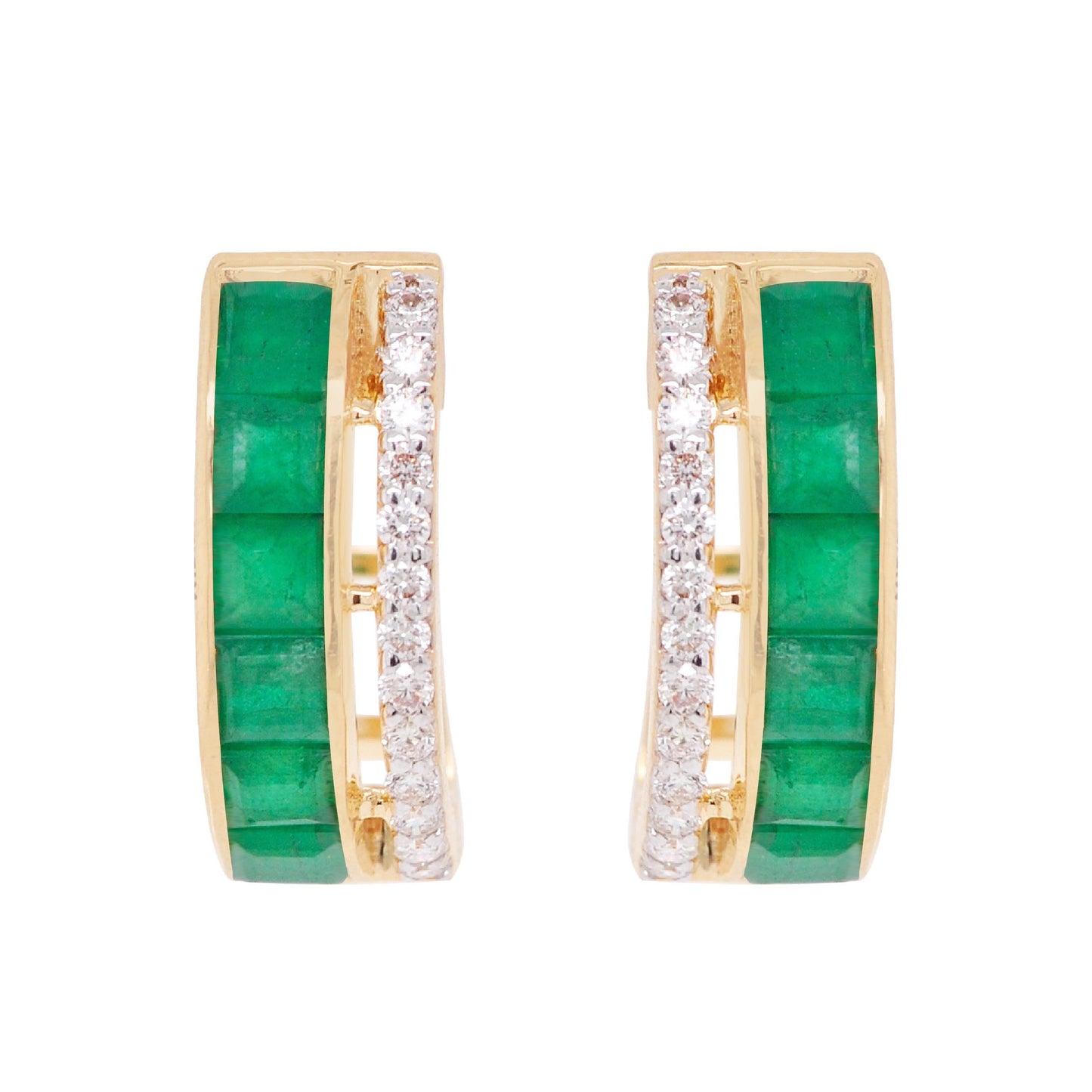 18K Gold Emerald Channel-set Diamond Hoop Earrings