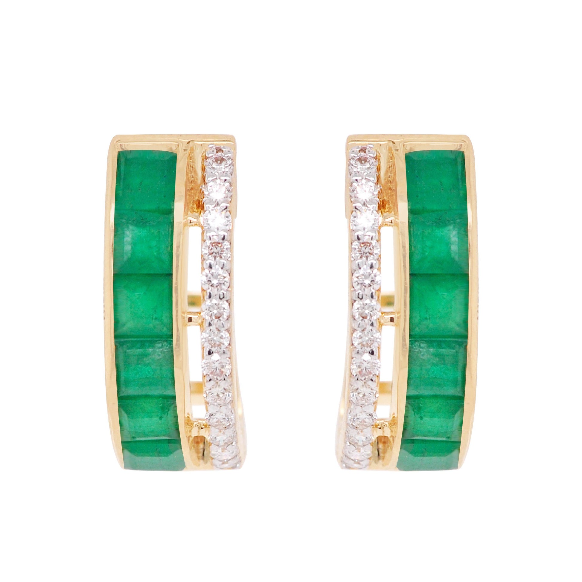 18K Gold Emerald Channel-set Diamond Hoop Earrings