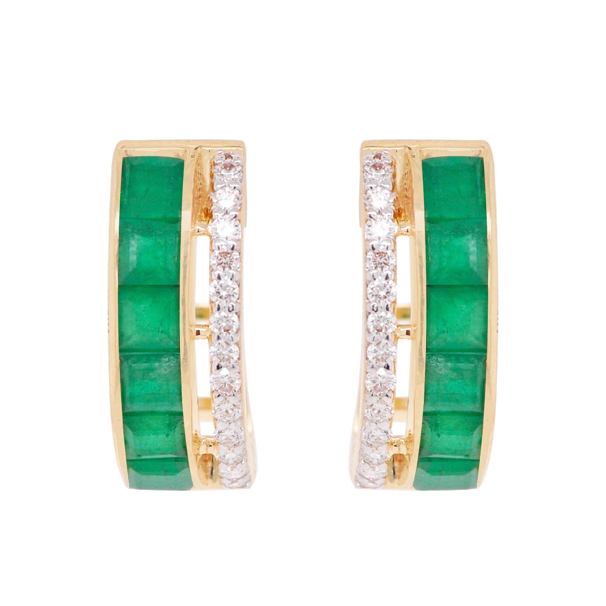 18K Gold Emerald Channel-set Diamond Hoop Earrings