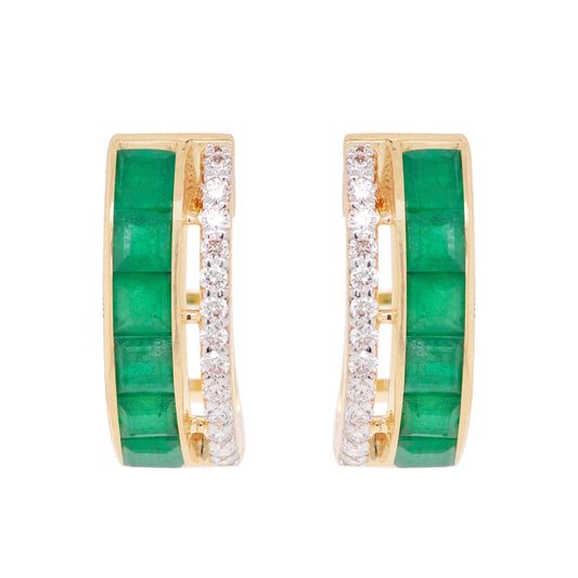 18K Gold Emerald Channel-set Diamond Hoop Earrings