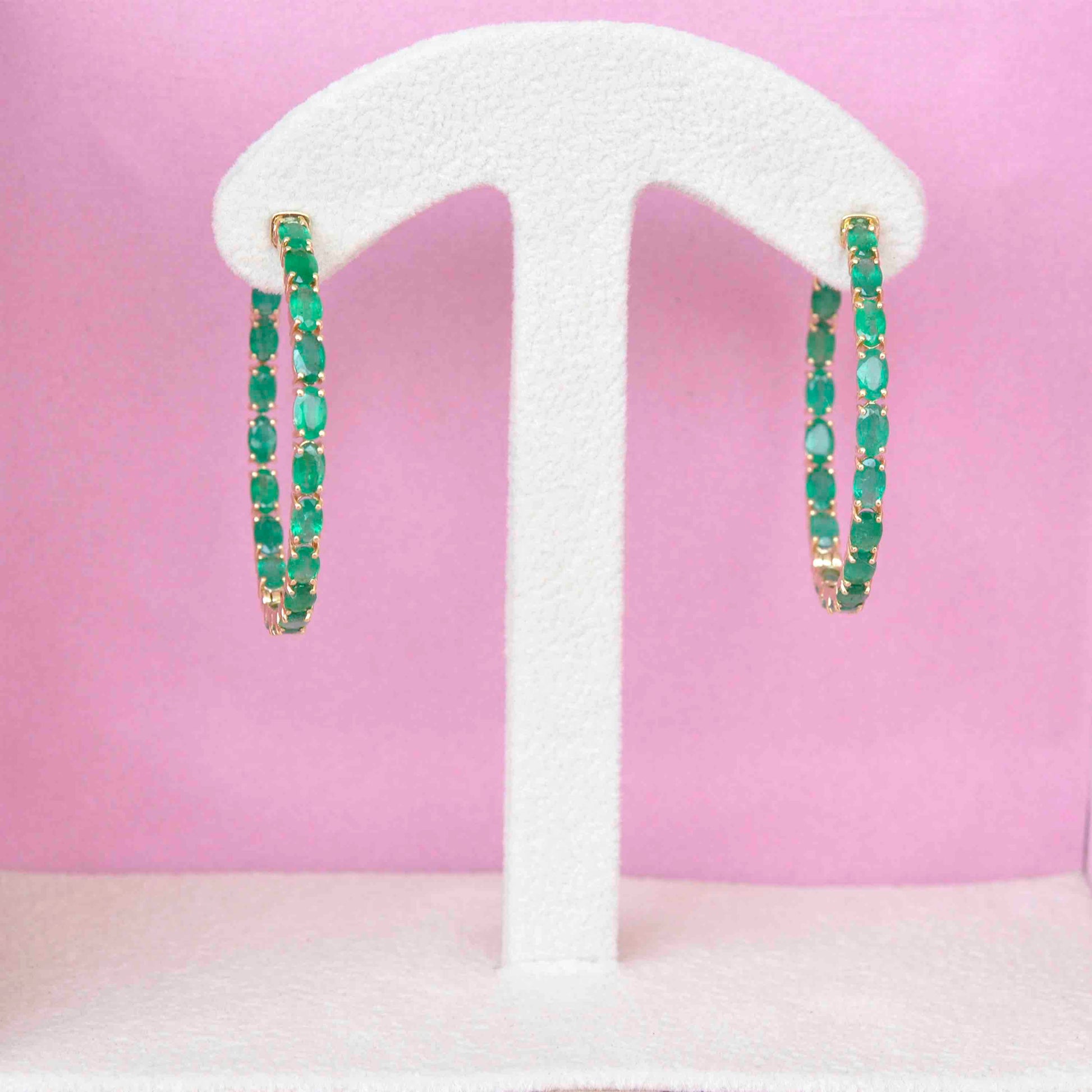 18K Gold Natural Zambian Emerald Oval Hoop Earrings - Vaibhav Dhadda Jewelry