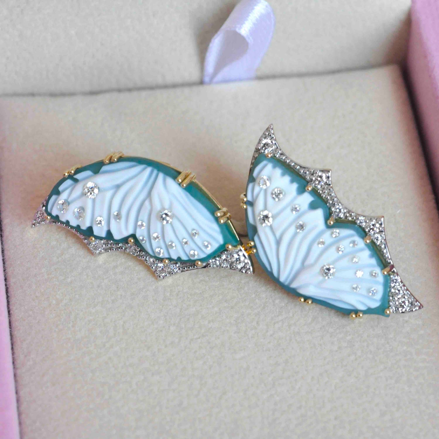 18K Gold Hand-Carved Green Agate Butterfly Diamond Stud Earrings