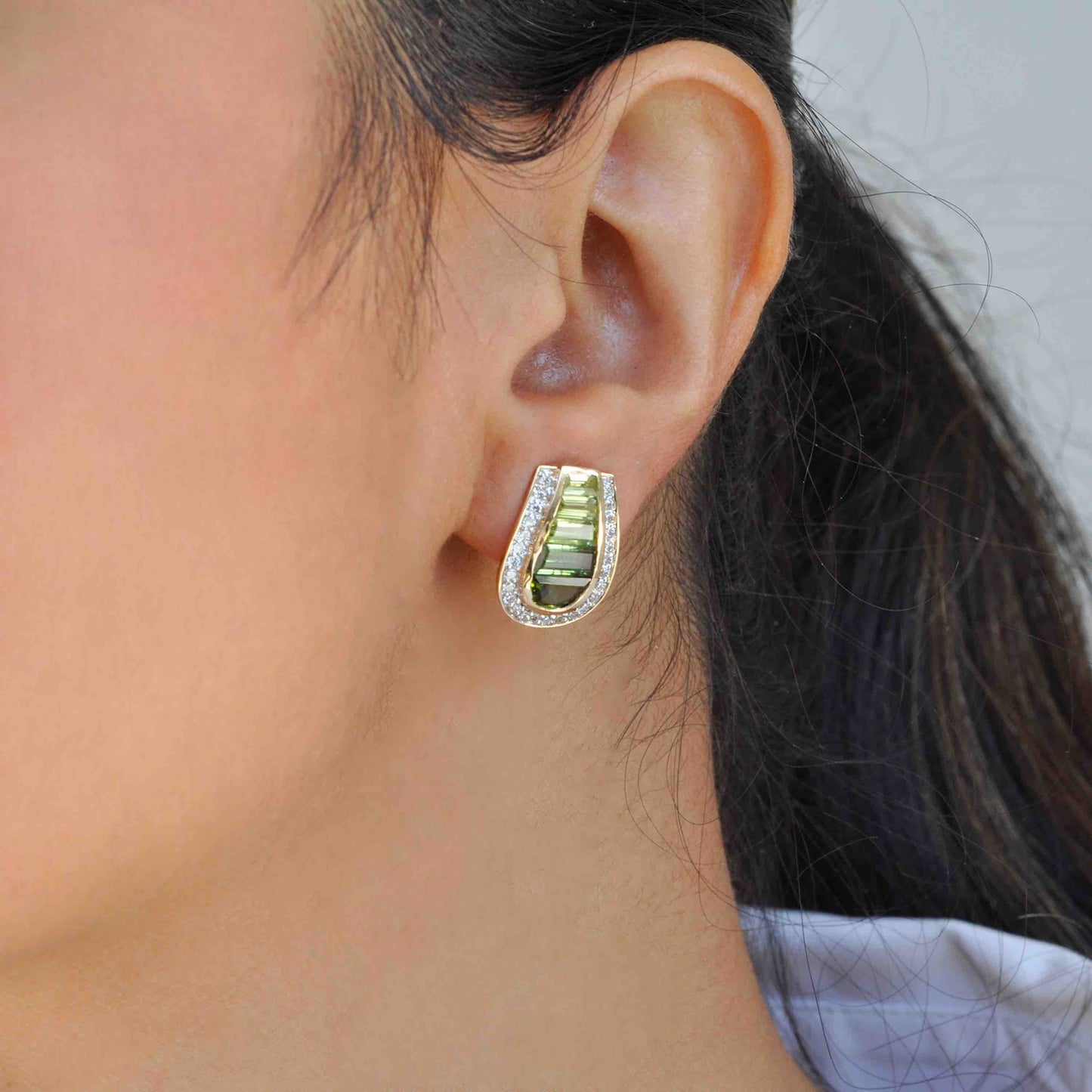 Handmade gemstone earrings with green tourmaline, peridot, and diamond studs