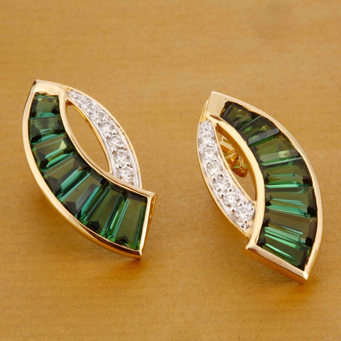 18K Gold Green Tourmaline Baguette Diamond Sword Earrings