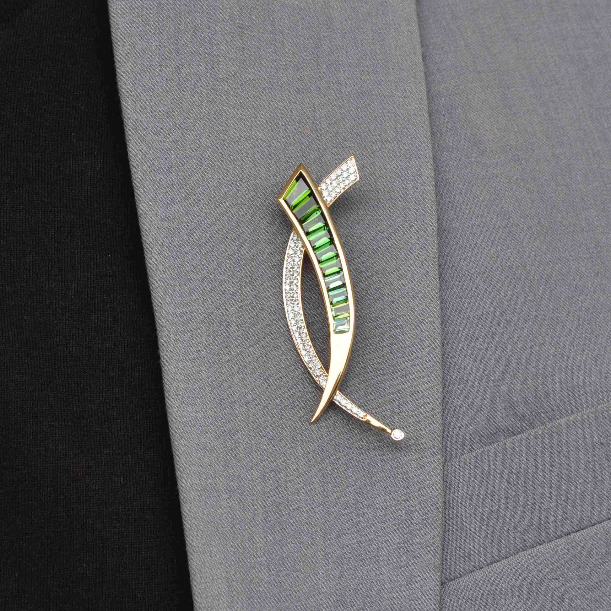 18k Baguette Diamond Brooch Pendant with Green Gemstone
