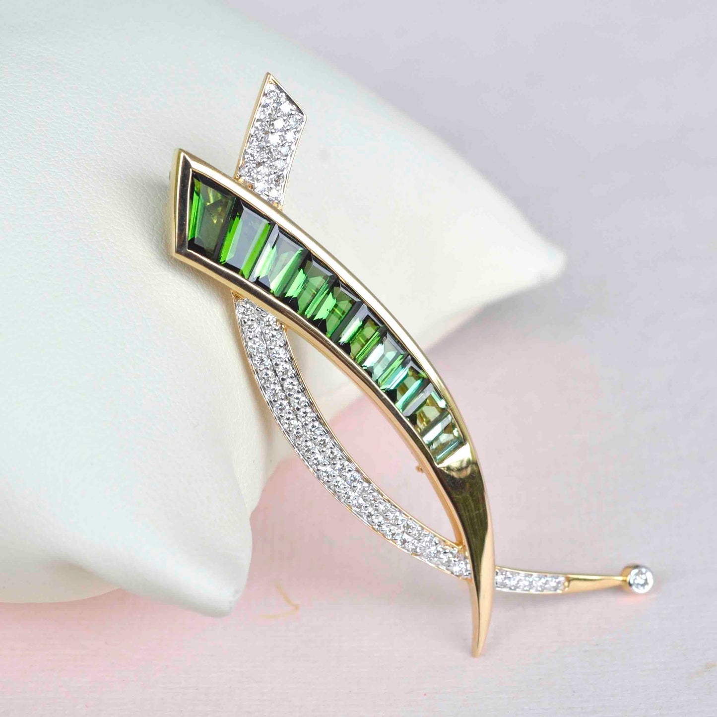 18K Gold Gradient Green Tourmaline Baguette Diamond Pendant Brooch - Vaibhav Dhadda Jewelry