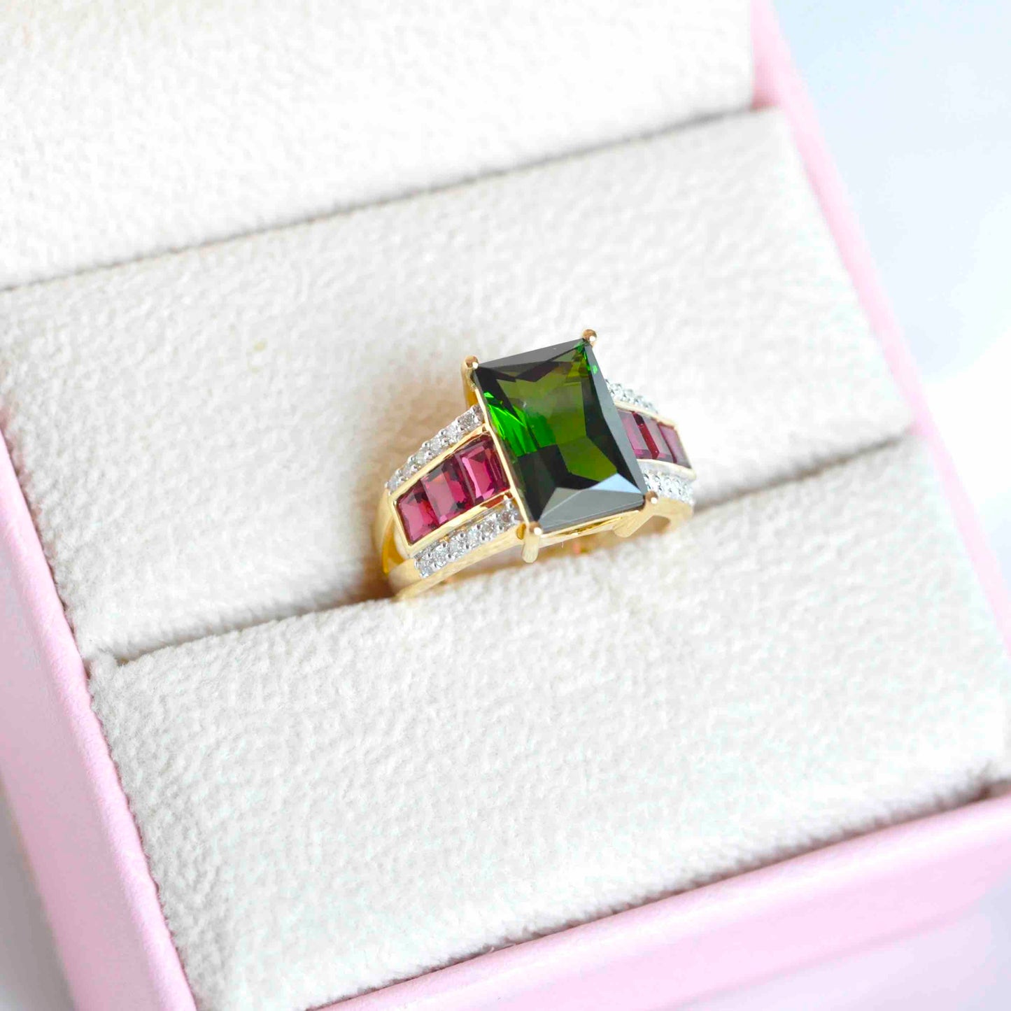 18K Gold Green & Pink Tourmaline Baguette Diamond Ring - Vaibhav Dhadda Jewelry