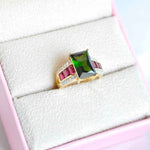 18K Gold Green & Pink Tourmaline Baguette Diamond Ring - Vaibhav Dhadda Jewelry
