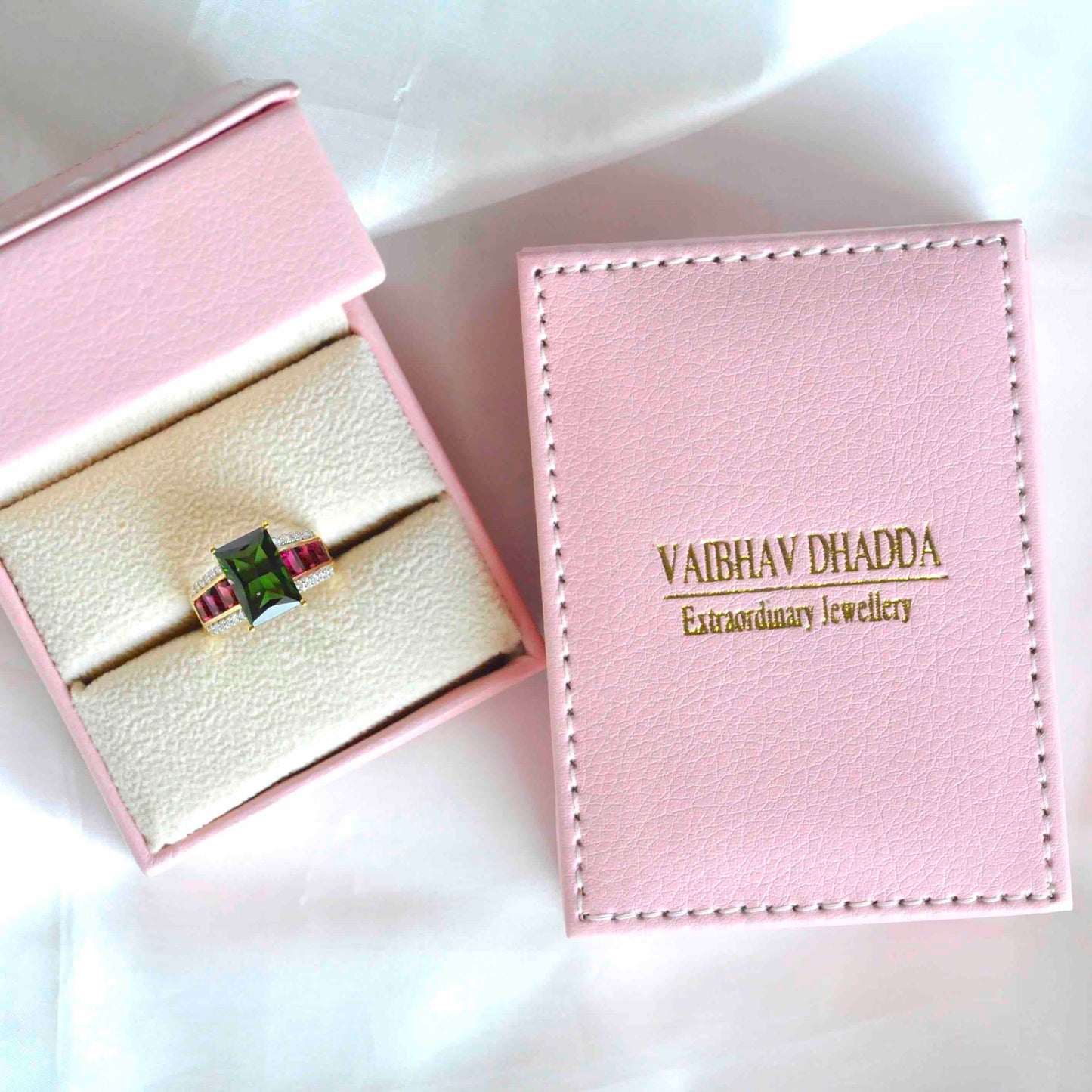 18K Gold Green & Pink Tourmaline Baguette Diamond Ring - Vaibhav Dhadda Jewelry