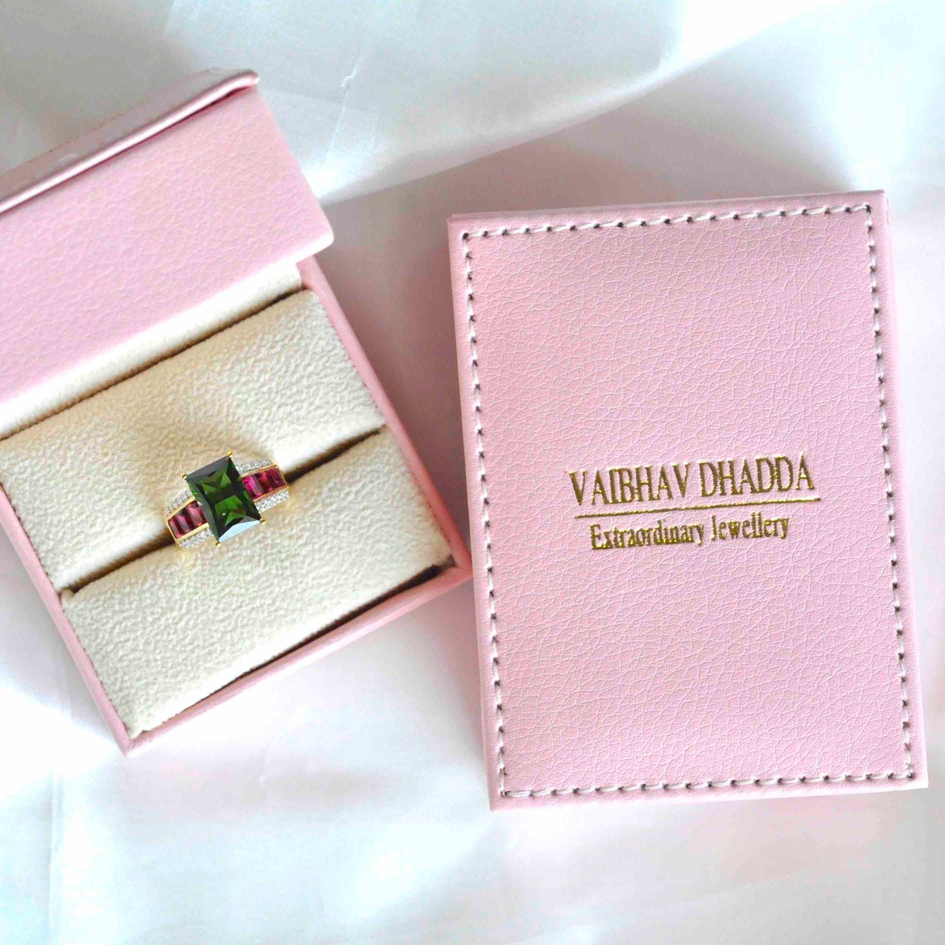 18K Gold Green & Pink Tourmaline Baguette Diamond Ring - Vaibhav Dhadda Jewelry