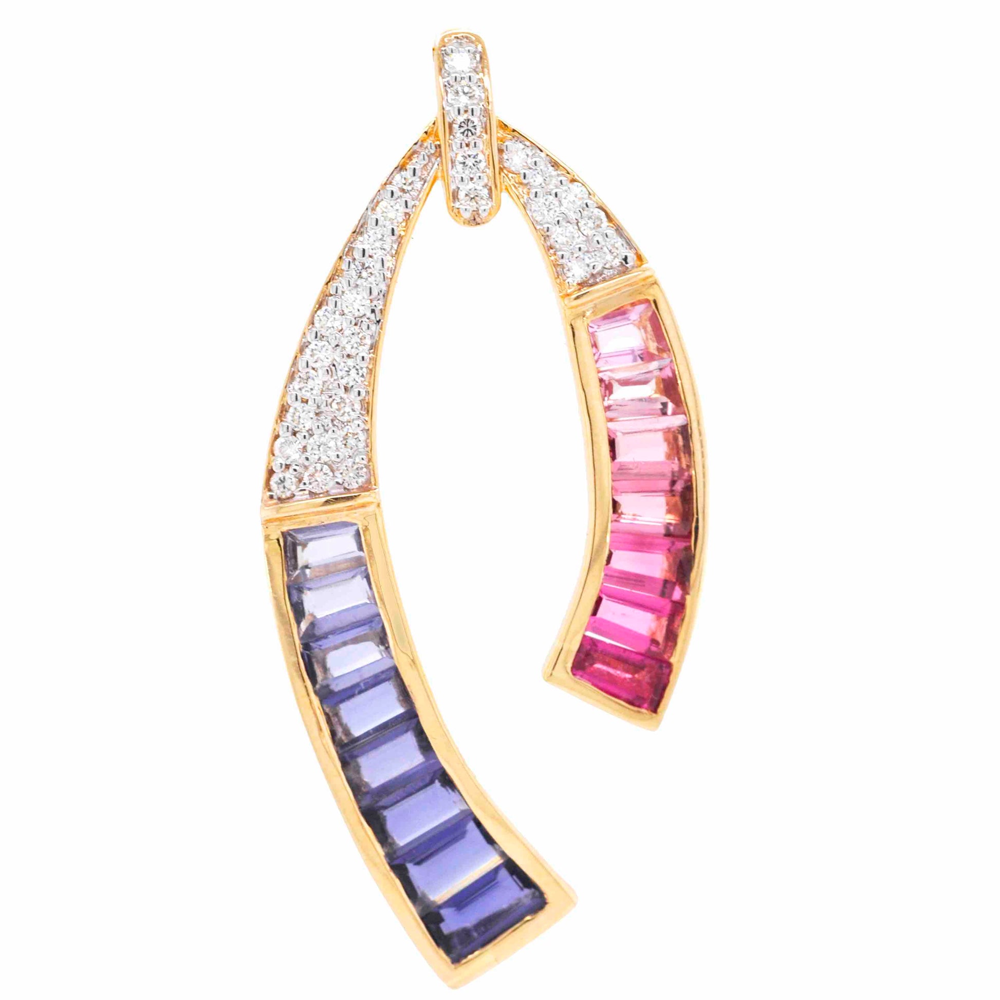 18k yellow gold iolite pink tourmaline diamond pendant 