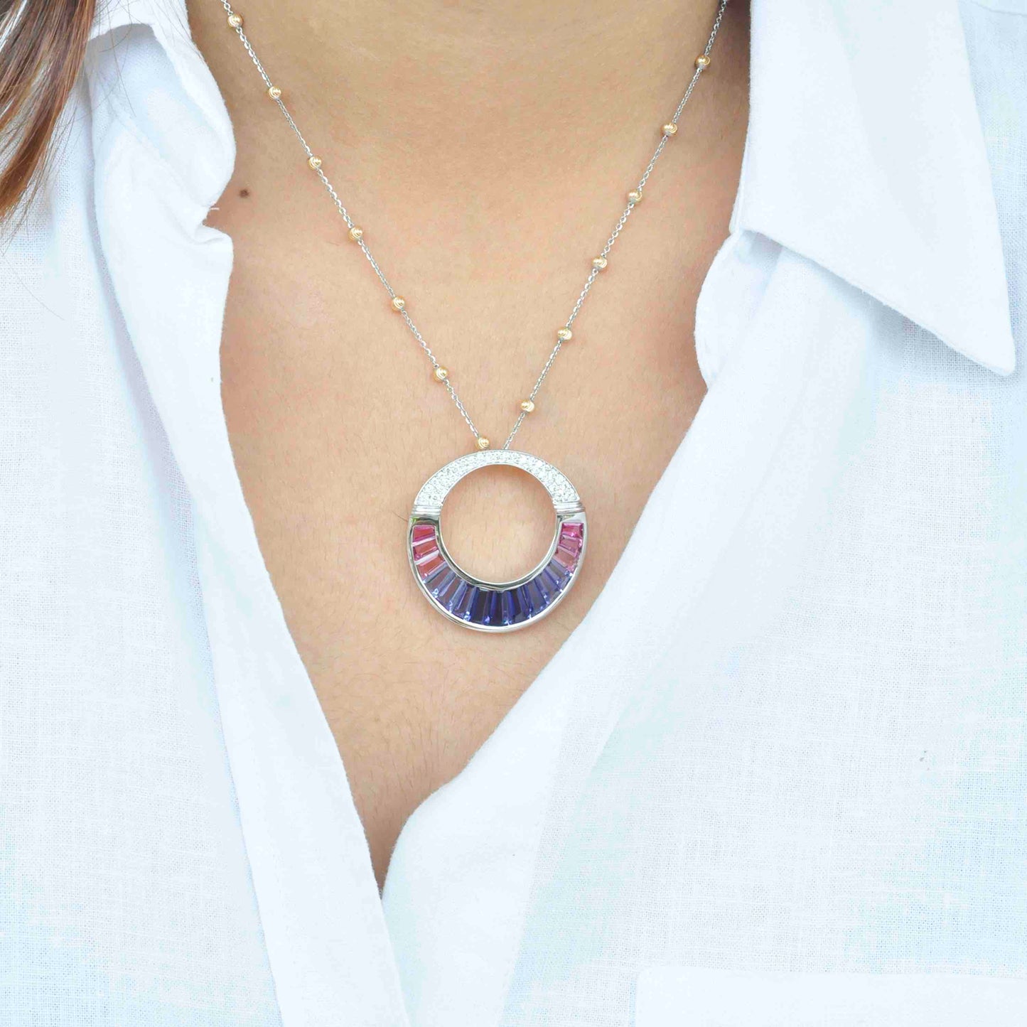18K White Gold Iolite Pink Tourmaline Cleopatra Diamond Pendant Necklace