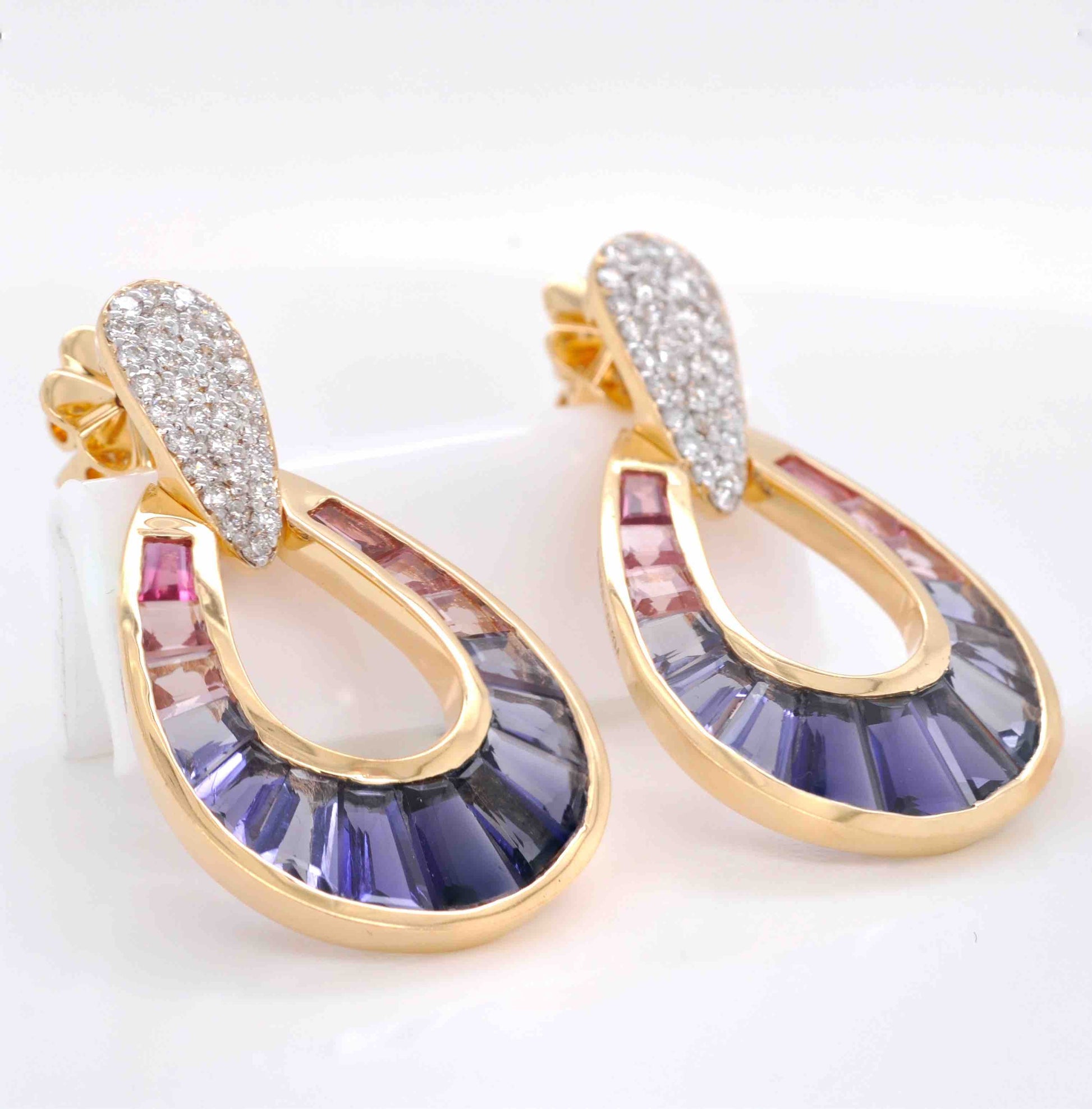 18K Gold Iolite Pink Tourmaline Diamond Raindrop Set - Vaibhav Dhadda Jewelry