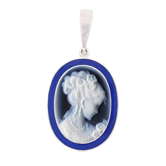 Sterling Silver Lady Blue Enamel Cameo Pendant Necklace