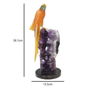Hand-Carved Calcite Macaw with Amazonite, Fluorite and Onyx on Amethyst Base