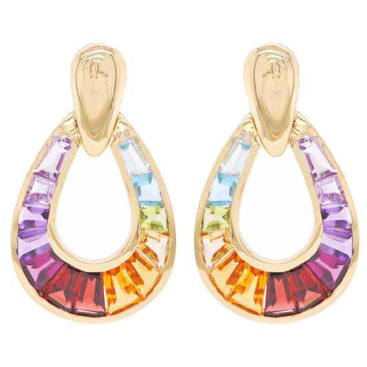 Boucles d'oreilles goutte de pluie en or 18 carats avec pierres précieuses baguette arc-en-ciel