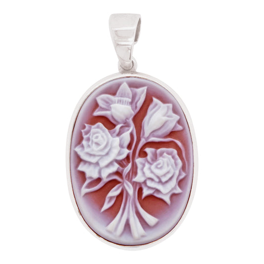 Sterling Silver Red Mughal Bouquet Cameo Pendant Necklace