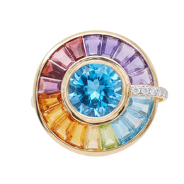 Ring with multicolored gemstones and a blue center stone on a white background