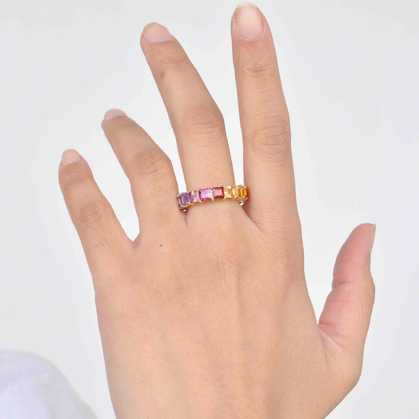 18K Gold Prong-Set Rainbow Gemstones Eternity Band Ring