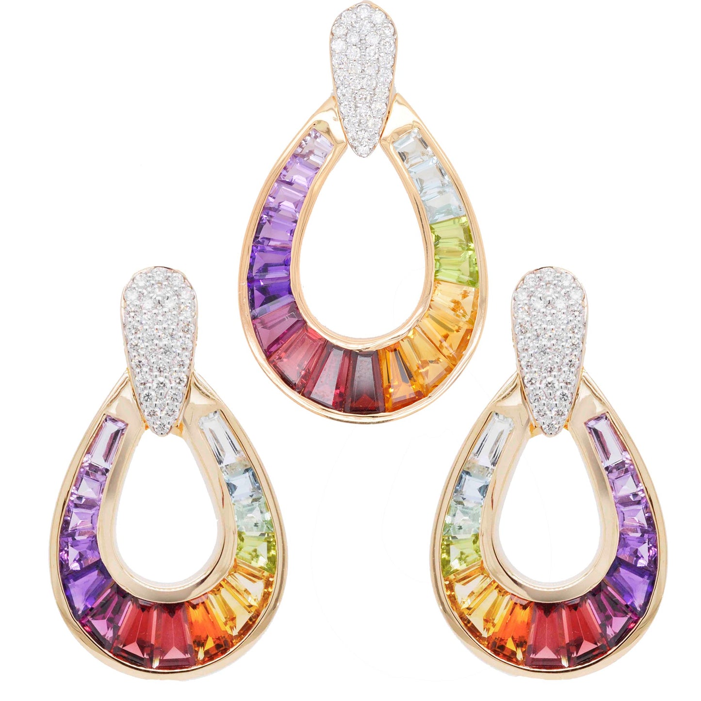 18K Gold Rainbow Gemstones Diamond Raindrop Set - Vaibhav Dhadda Jewelry