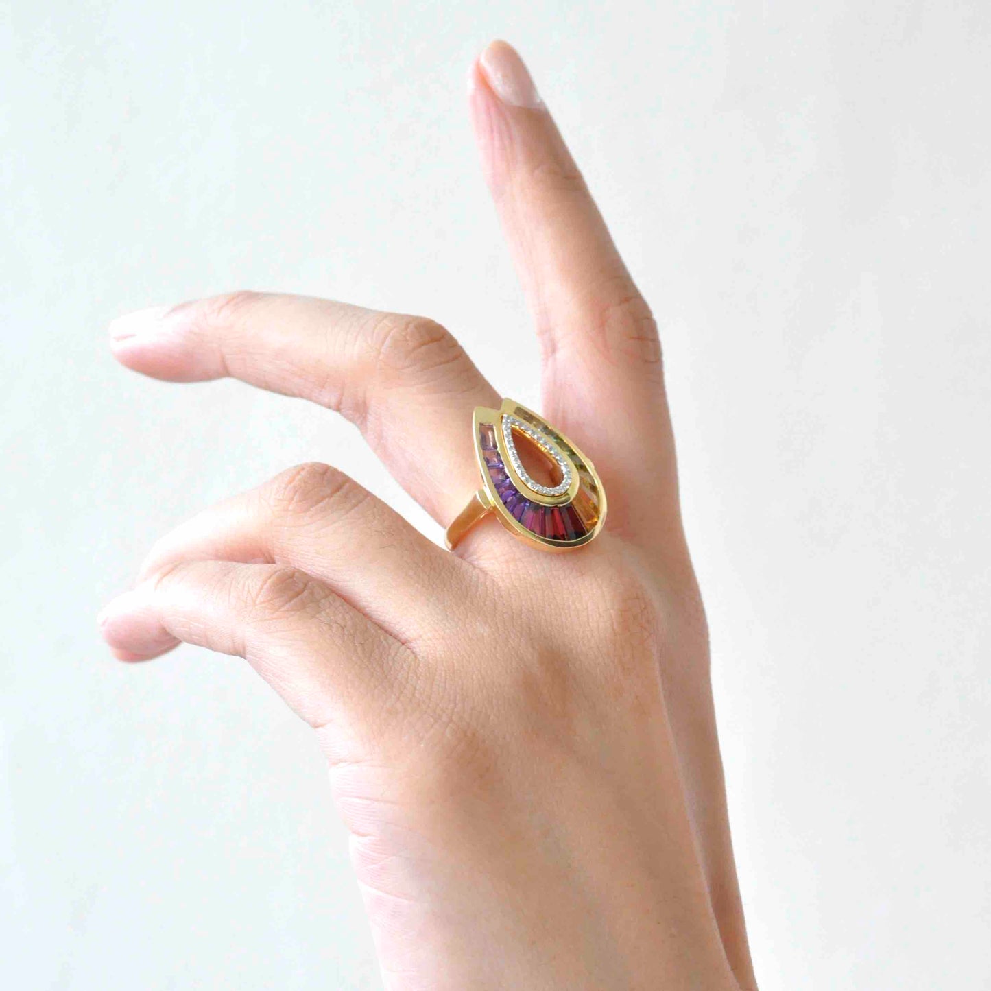 18K Gold Raindrop Taper Baguette Rainbow Diamond Ring - Vaibhav Dhadda Jewelry
