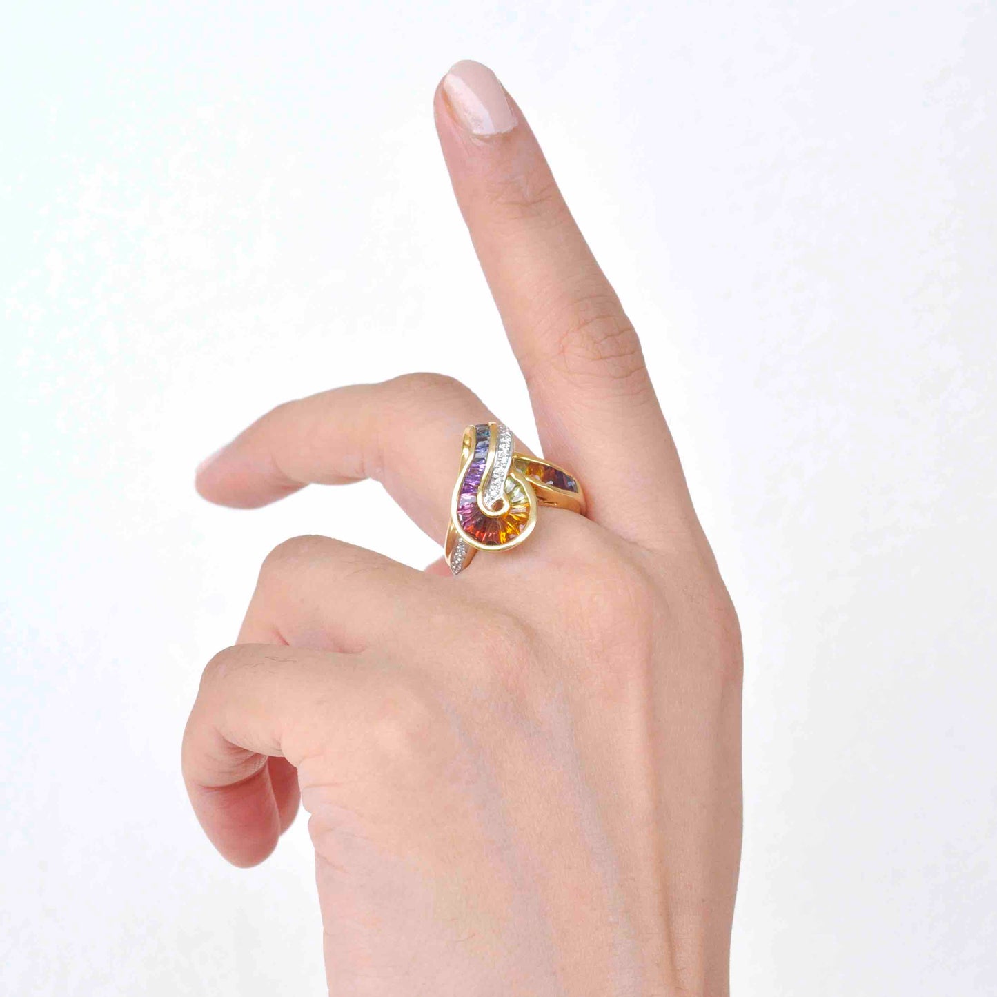 18K Gold Swirl Channel-Set Rainbow Gemstones Diamond Ring