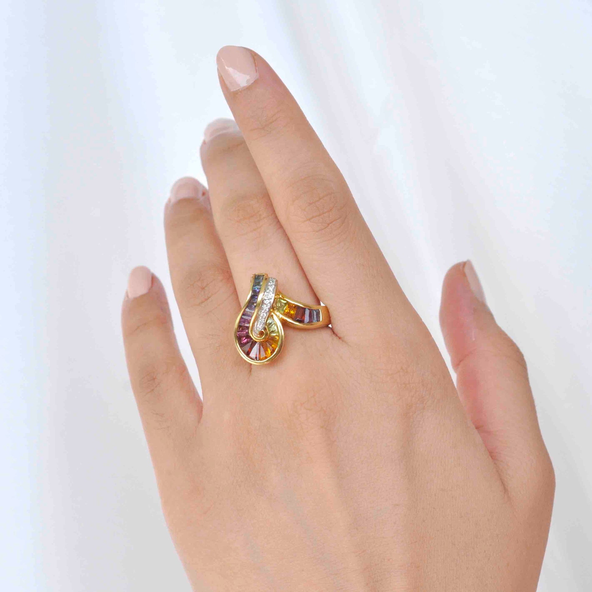 18K Gold Swirl Channel-Set Rainbow Gemstones Diamond Ring - Vaibhav Dhadda Jewelry