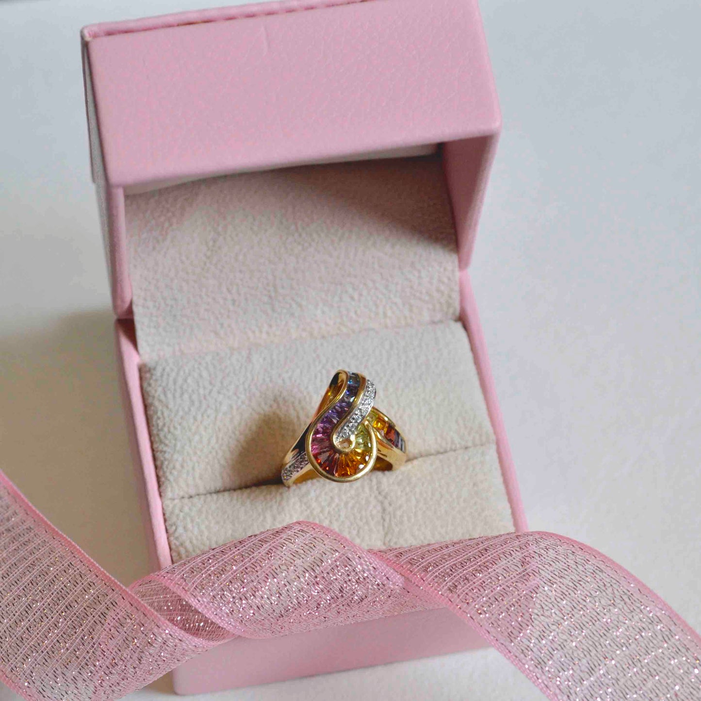 18K Gold Swirl Channel-Set Rainbow Gemstones Diamond Ring