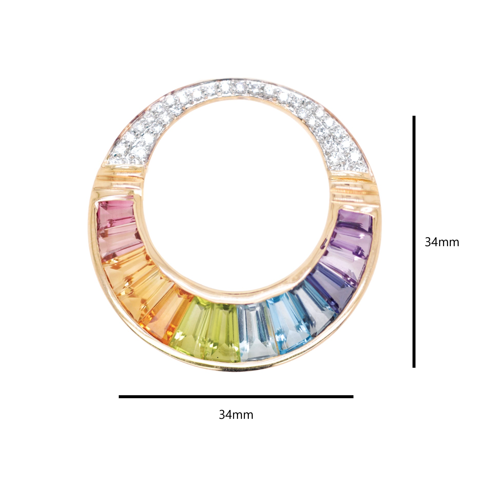 Handcrafted 14K Gold Rainbow Jewelry Pendant Brooch Featuring Baguette Gemstones and Diamonds