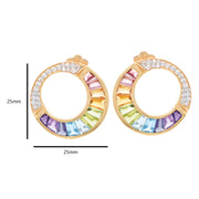 Pair of circular art deco earrings with rainbow-colored stones and gold accents, shown with a measurement label.