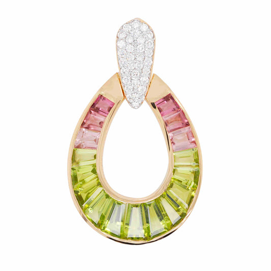 18k Gold Peridot Pink Tourmaline Doorknocker Diamond Pendant