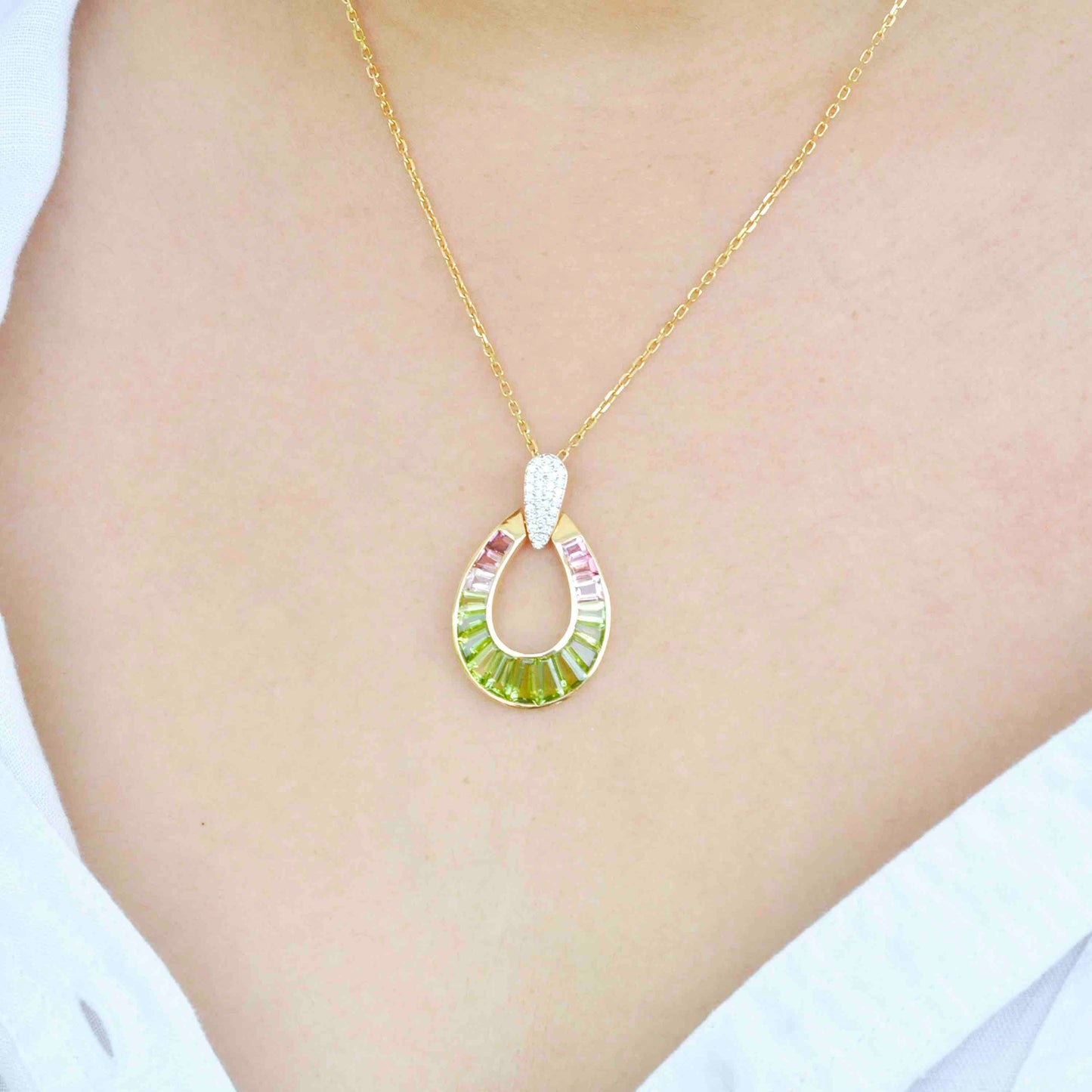 18k Gold Peridot Pink Tourmaline Diamond Raindrop Set - Vaibhav Dhadda Jewelry