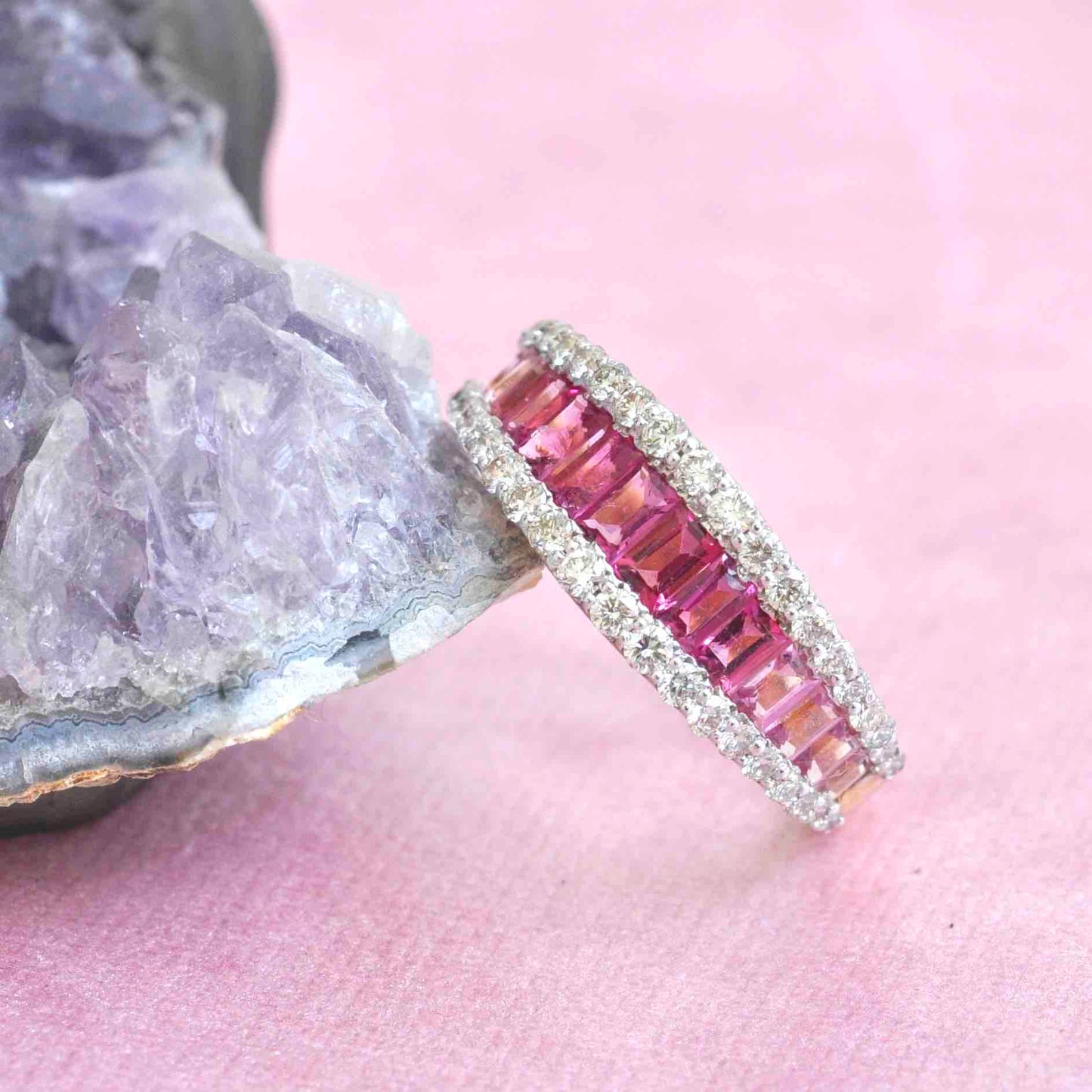 18K Gold Gradient Pink Tourmaline Baguette Diamond Ring - Vaibhav Dhadda Jewelry