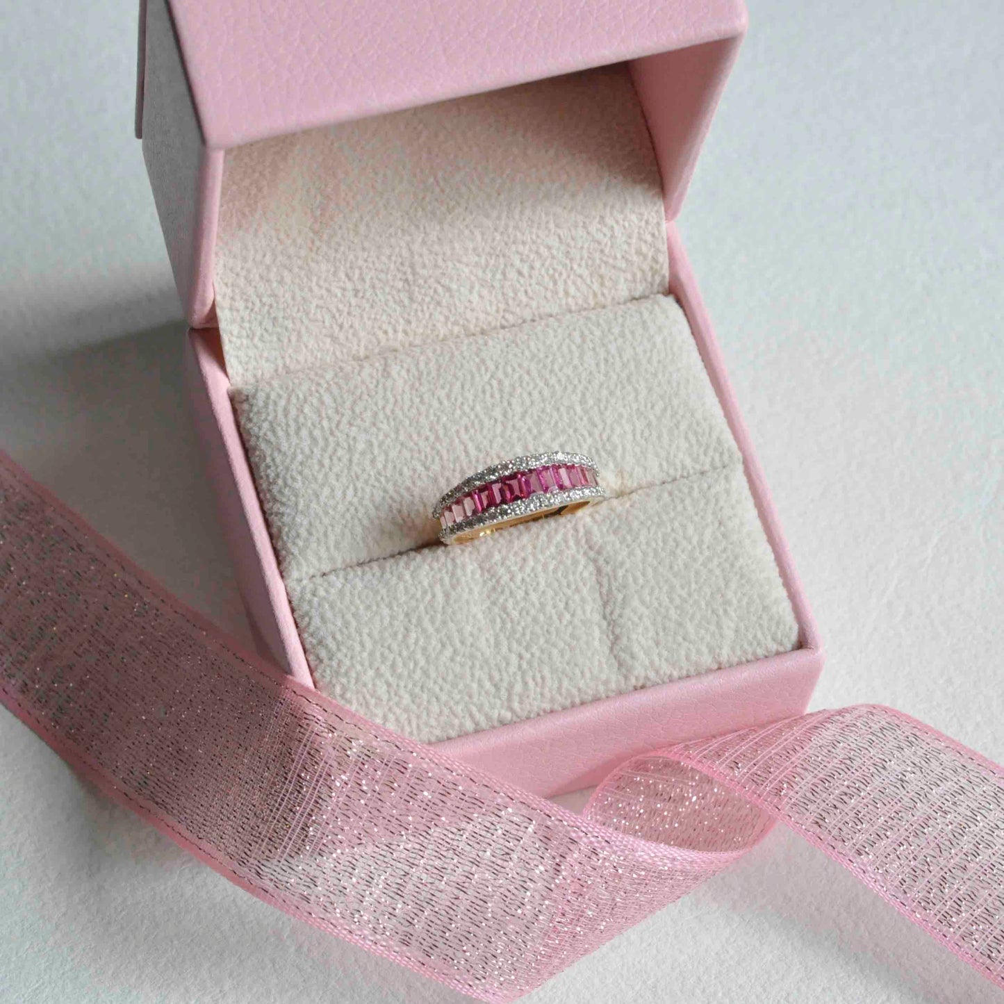 18K Gold Gradient Pink Tourmaline Baguette Diamond Ring - Vaibhav Dhadda Jewelry