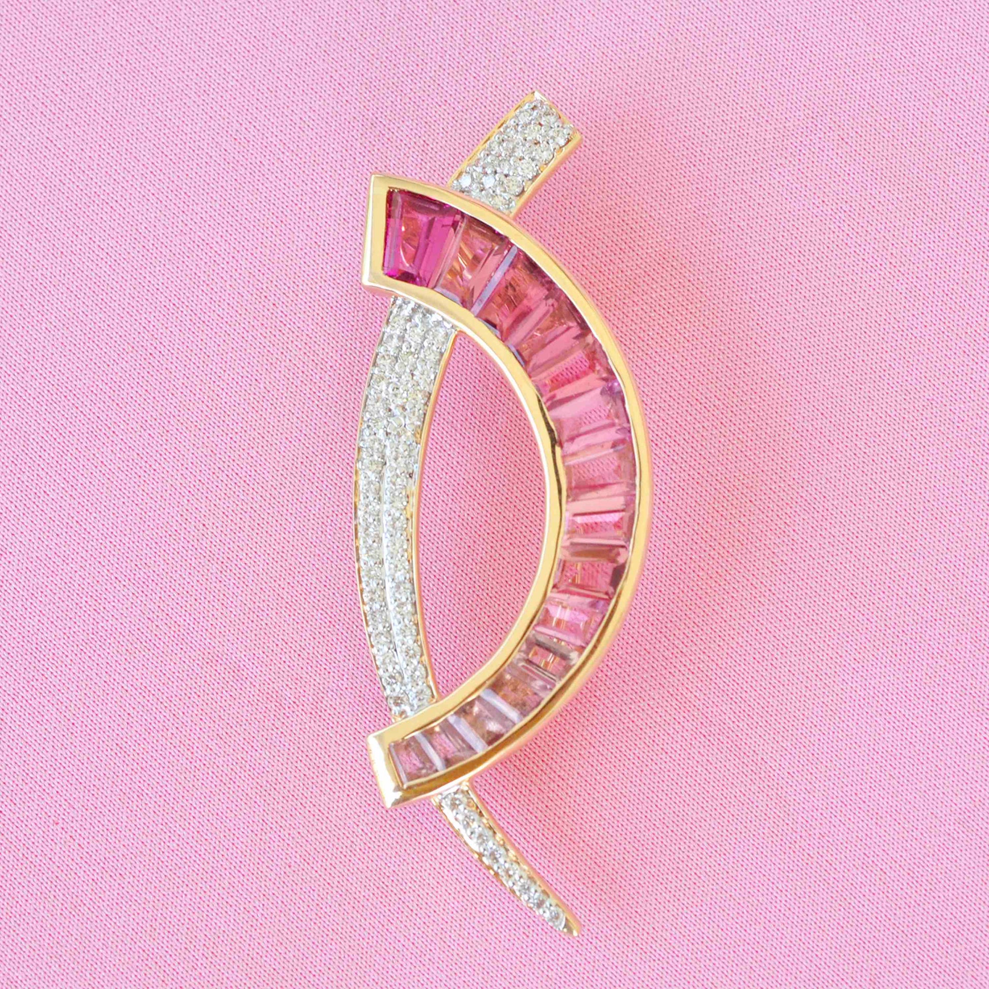 18K Gold "D" Channel-Set Pink Tourmaline Diamond Pendant Brooch - Vaibhav Dhadda Jewelry