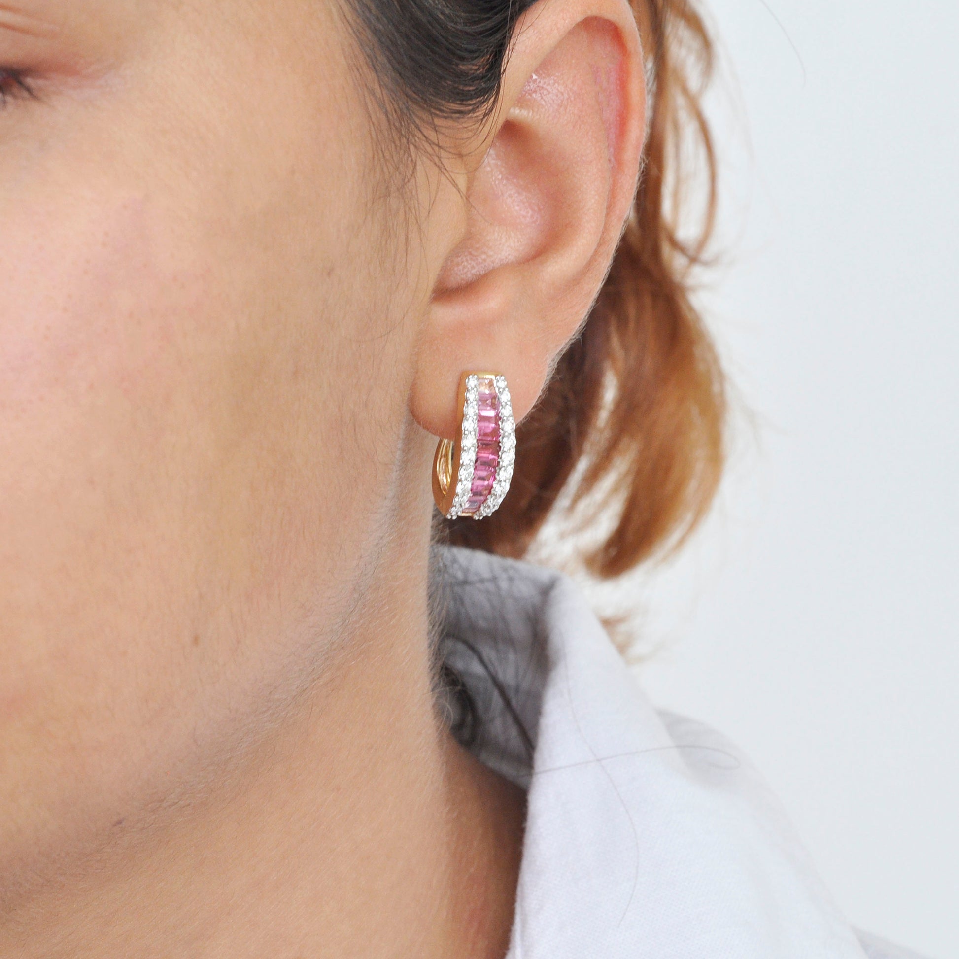 18K Gold Pink Tourmaline Diamond Baguette Huggie Hoop Earrings - Vaibhav Dhadda Jewelry