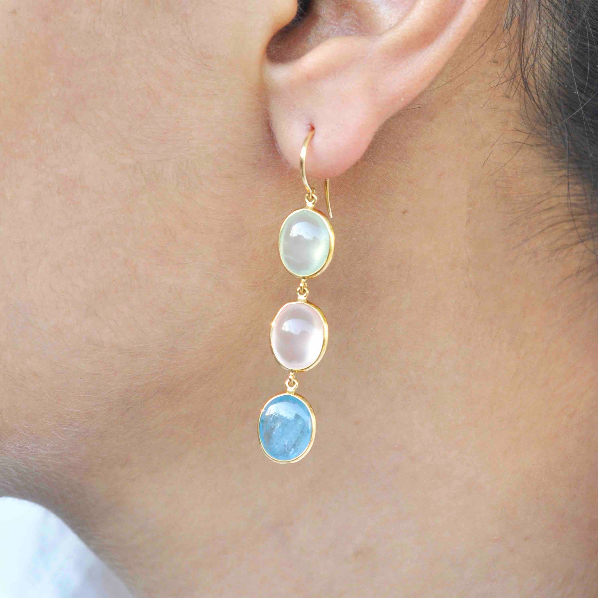 Aquamarine Diamond Dangle Earrings with Prehnite Gemstones
