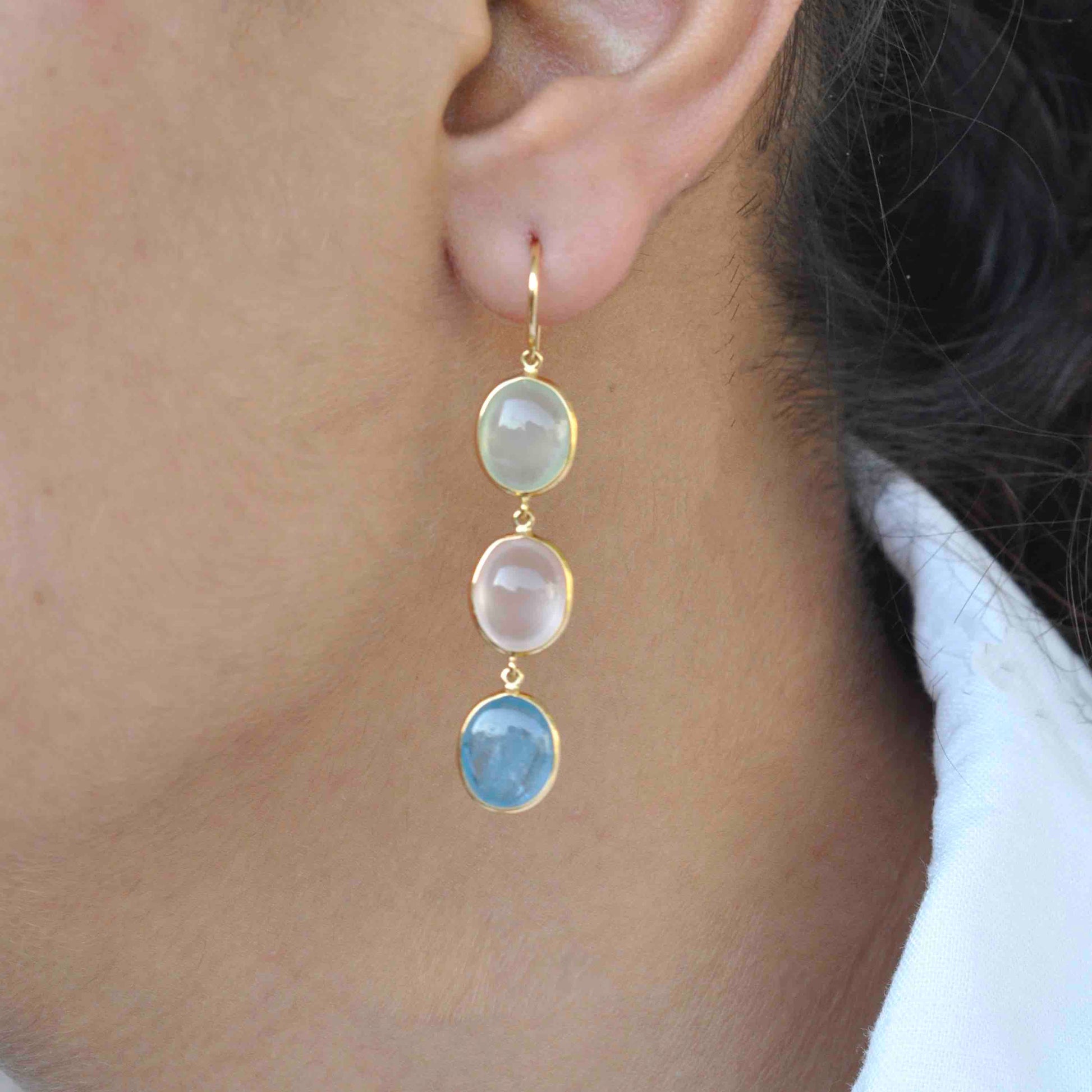 Diamond Dangle Earrings with Rose Aquamarine and Prehnite