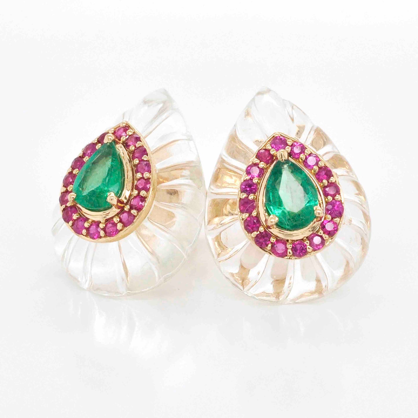 Gemstone Stud Earrings with Carved Rock Crystal, Emerald, and Ruby