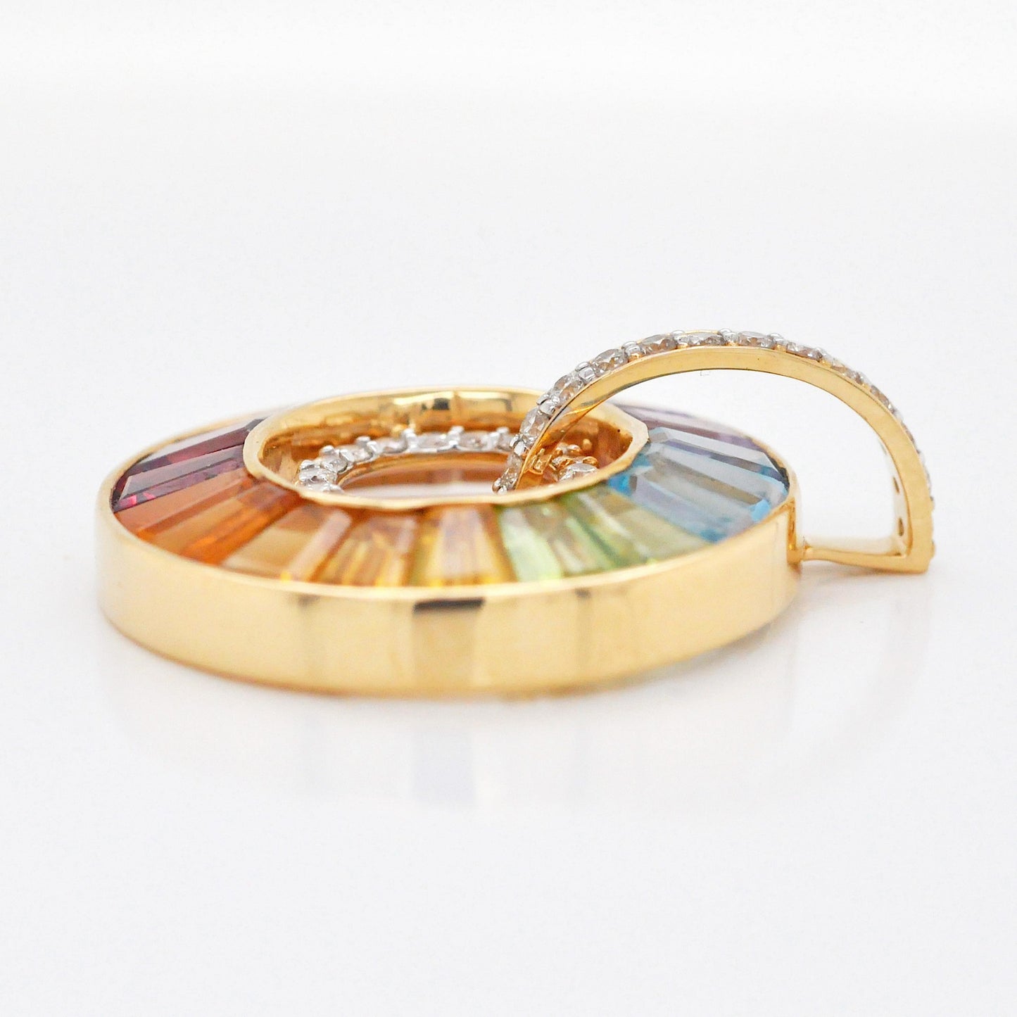 18k Gold Rainbow Gemstones Diamond Circle Pendant