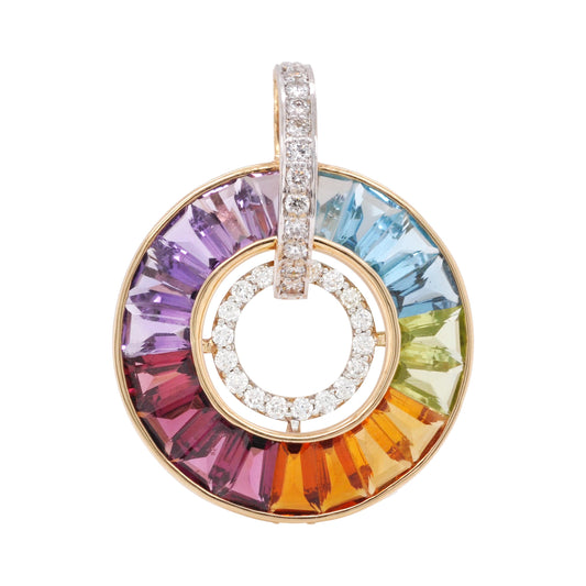 18k Gold Rainbow Gemstones Diamond Circle Pendant