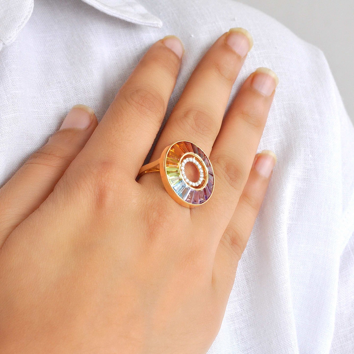 18K Gold Rainbow Gemstone Diamond Circle Ring