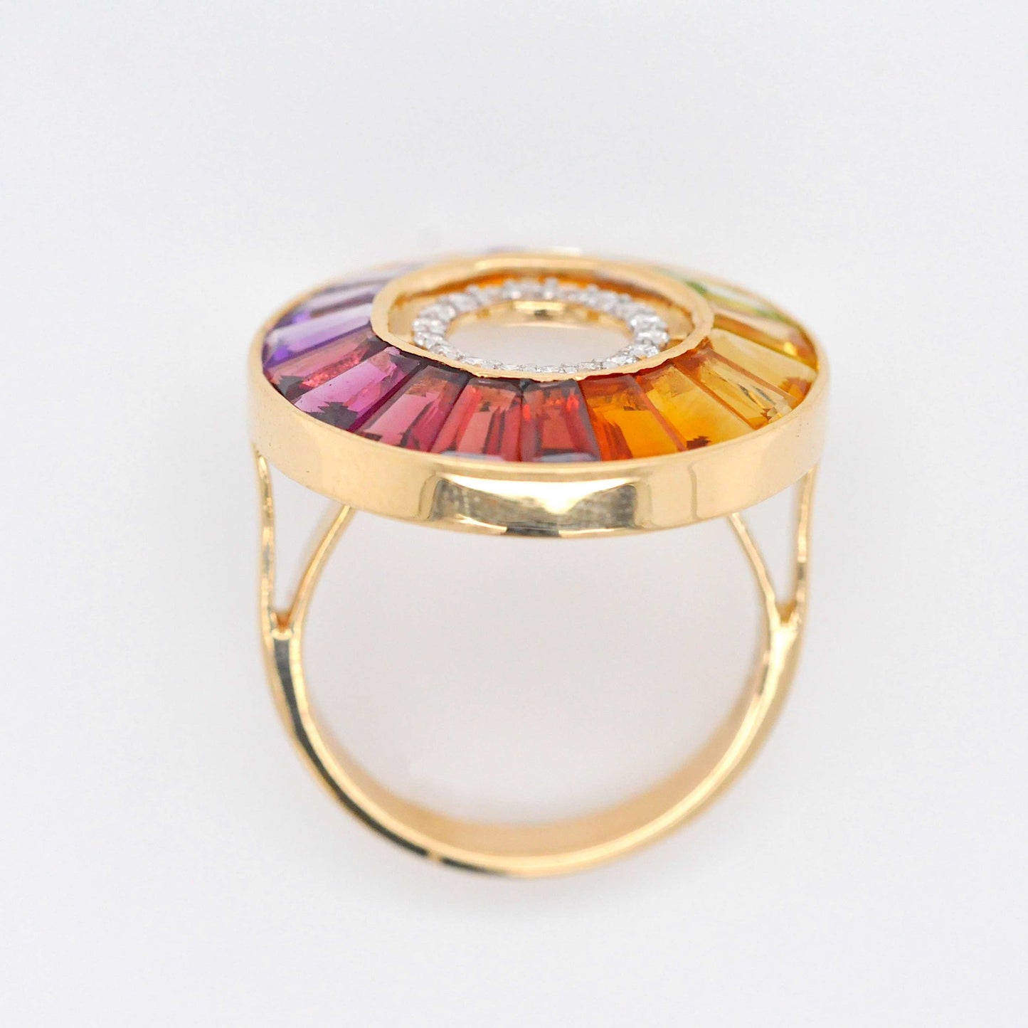 18K Gold Rainbow Gemstone Diamond Circle Ring
