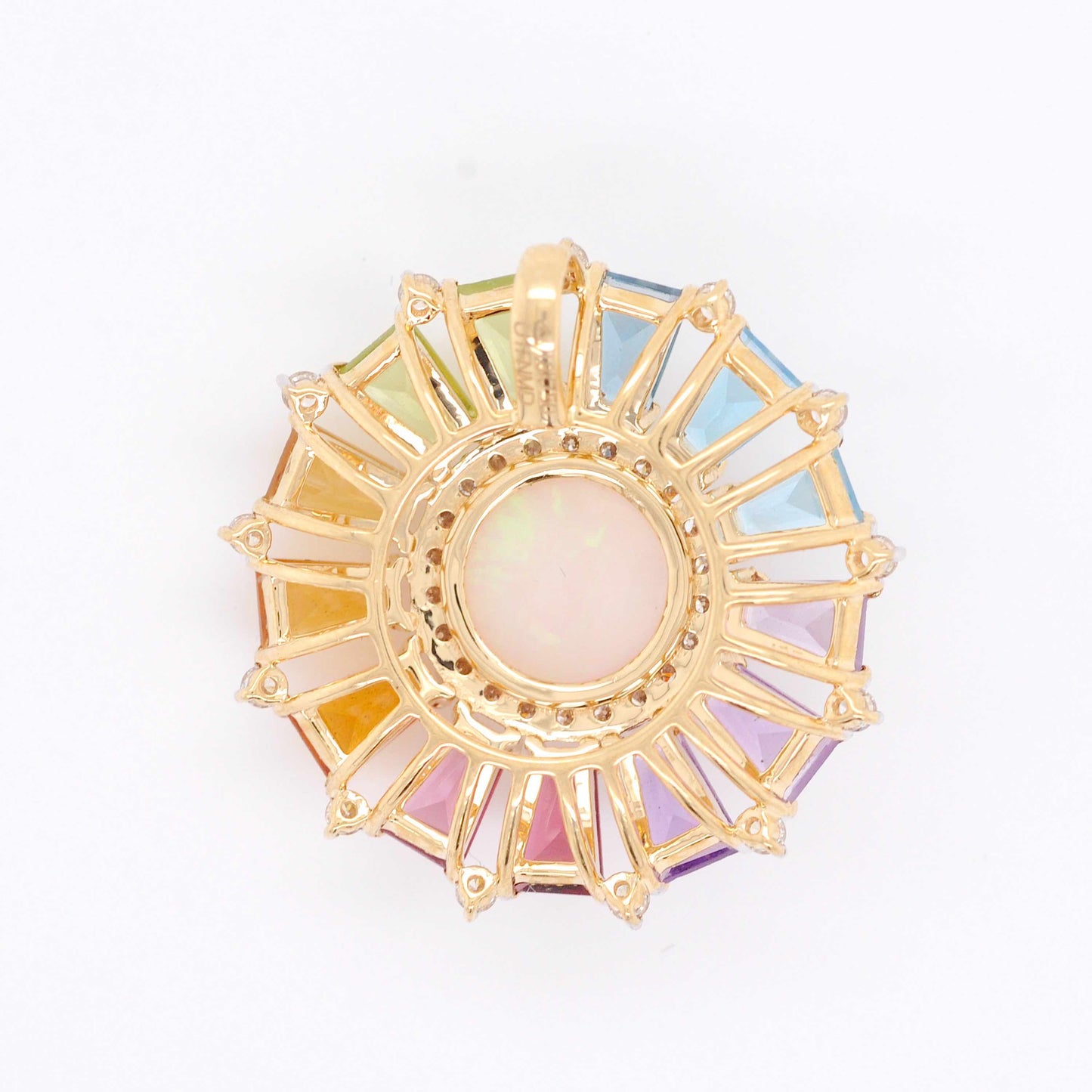 18K Gold Rainbow Ferris Wheel Opal Diamond Circle Pendant Necklace