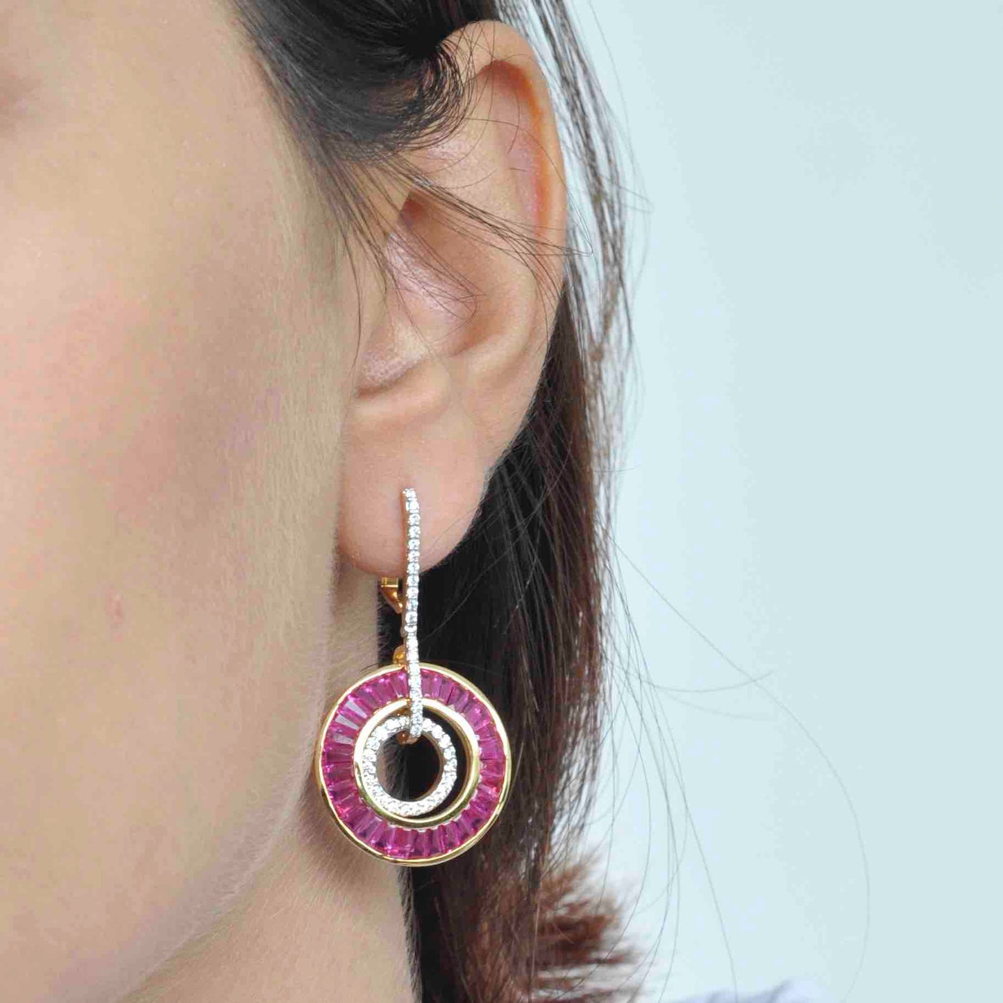 18K Gold Ruby Circle Diamond Dangle Earrings - Vaibhav Dhadda Jewelry
