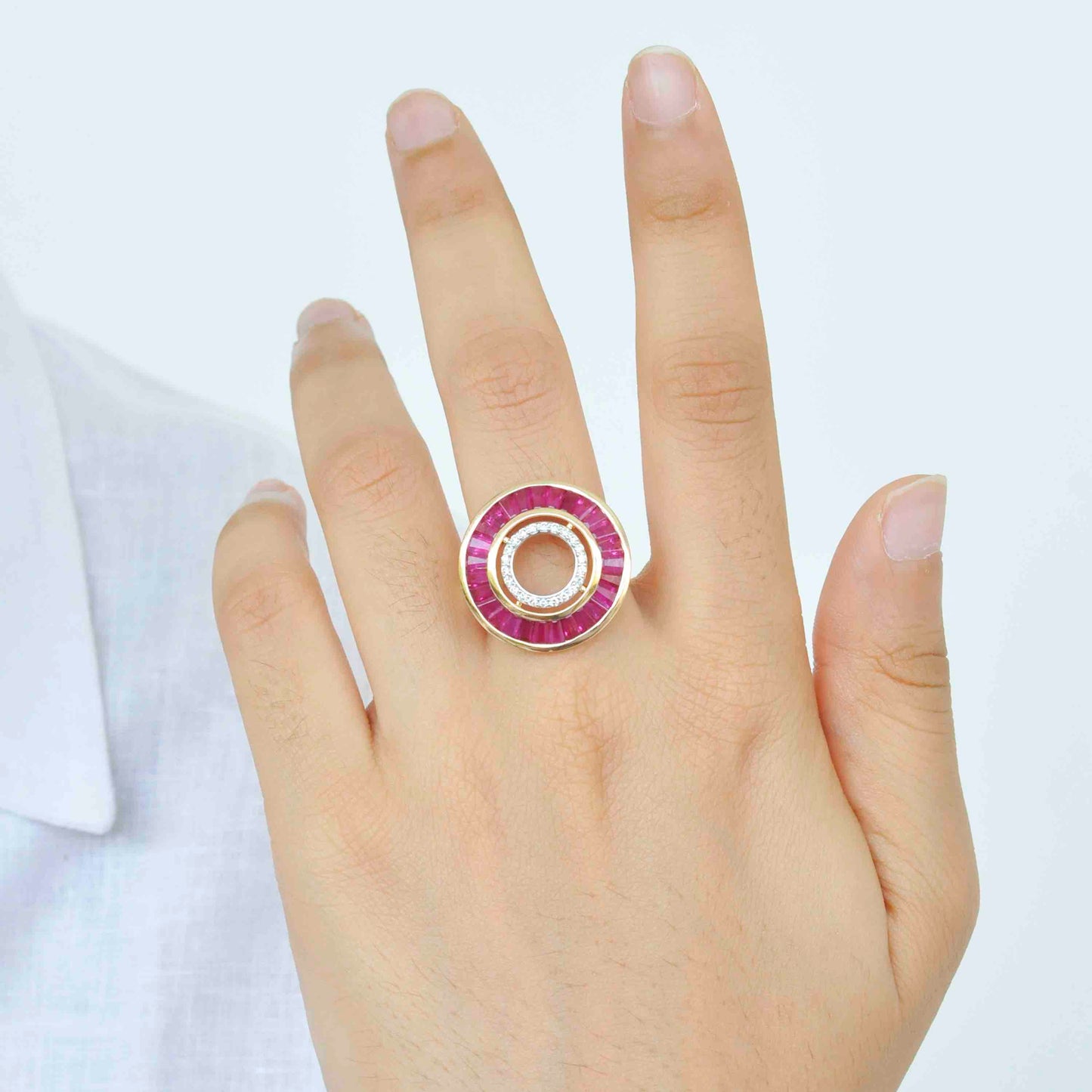 18K Gold Ruby Baguette Art Deco Circle Diamond Ring