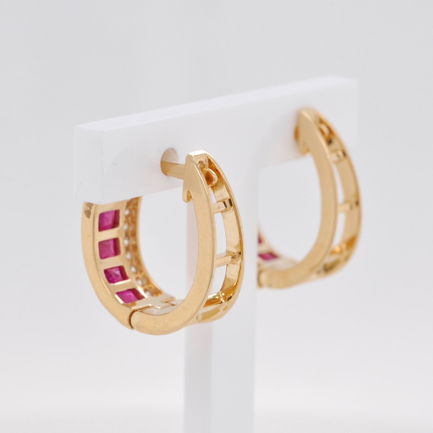 18K Gold Ruby Channel-set Diamond Hoop Earrings